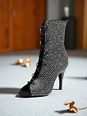 abordables Bottines de danse-Bottines de danse à bout ouvert et strass pour femmes - bottines à talons courts et lacets scintillants pour les spectacles de salon et de scène latins