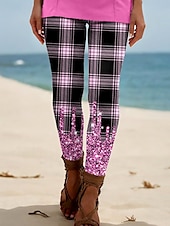 billige -Dame Leggings Ferie Årgang Etnisk stil Full lengde Høy Midje Grafisk Ruter Rutet 3D-utskrift Pusteevne Myk Bekvem Høy Elastisitet utendørs Feriereise Hjem Rosa Rødstrupe-egg Blå Kakifarget Sommer Vår