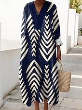 abordables Art &amp; Design Robes-Femmes Robe Midi Robe d&#039;Été Robe trapèze Vacances Occasionnel Quotidien Graphique Géométrique manche longue Col en V Bleu marine Jaune Vert Beige Été Printemps Automne