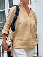 billige Kvinne Enkle Topper-Dame Bluse Helfarge Elegant Fritid Langermet V-hals Vanlige topper Daglig Ferie Knapper Hvit Rosa Blå Kakifarget Vår Høst