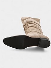 olcso Slouch Boots-női bő, térdig érő, lapos csizma - bézs művelúr retró stílusú, őszi divatos csizma hétköznapi viseletre és kosztümökbe