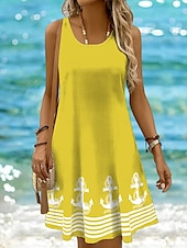 billige Stripete og geometriske kjoler-Dame Mini kjole Solkjole Kjole med A-linje Off The Shoulder-kjole Ferie Fritid Bohem Ferie Strand Normal Grafisk Geometrisk Stripe Ermeløs Crew-hals Øsehals Svart Hvit Gul Rosa Sommer Vår