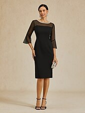 preiswerte Teelänge-Schlauchkleid Brautmutterkleid Elegant Party Rundhalsausschnitt Knielang Polyester Dreiviertelarm mit Kristalle Einfarbig 2025