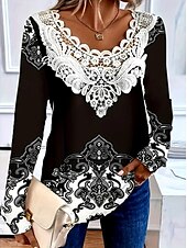 billige Boho t-skjorte-Dame Bluse Grafisk Paisly Planter Mote Langermet V-hals Rund hals Vanlige topper Daglig Ut på byen Helg Blonde Lapper Trykt mønster Svart Sommer Vår Høst