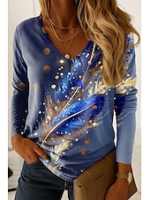 abordables T-shirt Art &amp; Design-Femmes T-shirt Graphique Plume ancien Élégant Occasionnel manche longue Col en V Hauts Réguliers Quotidien Imprimé Bleu Violet Vert Printemps Automne