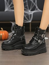 abordables Pour les femmes-Bottines à plateforme pour femmes à imprimé chauve-souris d&#039;Halloween – Bottines de combat à talons épais et lacets de style gothique punk pour fêtes, cosplay et soirées