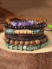 economico Bracciale da donna-Set di braccialetti con ciondoli a strati con perline boho da donna: bracciali in legno, turchese e pelle scamosciata in stile vintage con ciondoli a forma di foglia e geometrici, ideali per abbigliamento casual, festival e vacanze al mare