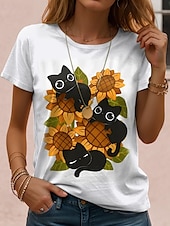 abordables T-shirt Animaux-Femmes T-shirt Chemise en coton Graphique Chat ancien Élégant Classique Manche Courte Col ras du cou Col rond Hauts Réguliers Quotidien Imprimé Noir Blanche Bleu Gris Été Printemps