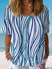 abordables T-shirt rayé et géométrique-Femmes Chemise Graphique Géométrique Rayé Élégant Classique Occasionnel Manche Courte Col en V Hauts Réguliers Quotidien Tenue de plage Vêtements de vacances Imprimé Bleu Gris Été Printemps