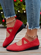 preiswerte Ballerinas für Damen-Rote Damen-Ballerinas aus Wildlederimitat mit gekreuzten Riemen – bequeme Mary-Jane-Schuhe mit niedrigem Keilabsatz für Weihnachtsfeiern, Herbstoutfits und entspannte Wochenendspaziergänge