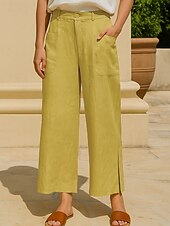 economico Pantaloni in lino e cotone semplici-Per donna Pantaloni in cotone e lino Gamba larga Chinos Vacanza Vintage Moda Lunghezza intera Vita Alta Semplice Tasca Comodità All&#039;aperto Inelastico Vacanza Streetwear Quotidiano Giallo Arancione