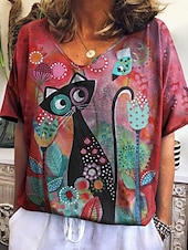 tanie koszulka graficzna-Damskie Podkoszulek Kwiaty Kot Moda Nowoczesny Codzienny Krótki rękaw W serek Zwykłe topy Codzienny Weekend Nadruk Czerwony Niebieski Zielony Szary Lato