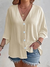 preiswerte Damen Einfache Oberteile-Damen Hemd Einfarbig Stilvoll Lässig Langarm V Ausschnitt Normale Oberteile Täglich Knöpfe Schwarz Weiß Orange Aprikose Sommer Frühling