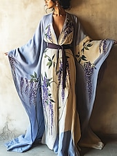 tanie Sukienki boho-damska długa sukienka maxi sukienka boho sukienka na co dzień sukienka rozkloszowana sukienka letnia vintage wakacje codzienna plaża regularny krój kwiatowy długi rękaw dekolt w serek niebieski lato wiosna jesień