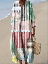tanie Sukienki w paski i geometryczne-Damskie Sukienka maxi Sukienka letnia Sukienka A line Urlop Codzienny Boho Wyjściowe Plaża Graficzny Geometryczny Naszywka Długi rękaw W serek jesion Czarny Żółty Rumiany róż Lato Wiosna