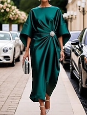 abordables Robe Simple-Femmes Robe Midi Robe en Satin Robe Semi-Formelle Élégant Mode Moderne Quotidien Date Week-end Coupe régulière Uni Demi Manches Col ras du cou Rose Claire Vin bleu marine Vert Printemps Automne