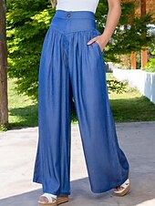 abordables jambe large et taille haute-Femmes Jambe large Slacks Occasionnel Longueur complète Naturel Uni Poches Latérales Confortable Respirabilité Décontracté Quotidien Bleu Bleu clair Printemps Automne Coupe Ample