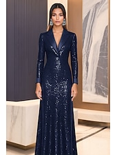 cheap BLACK-Black Tuxedo Dress A-Line Evening Gown Blazer Dress Formal Wedding Floor Length Long Sleeve V Neck Satin Peak Lapel with Stretch Sequin 2025