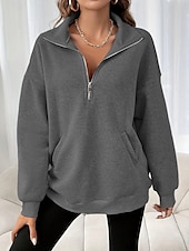 baratos Tops Simples-Mulheres Moletom Tecido Casual Manga Longa Gola Alta Tops regulares Rua Dia a Dia Patchwork Zíper Preto Fúcsia Cinzento Escuro Bege Cinzento Outono Inverno