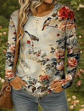 abordables T-shirt Animaux-Femmes T-shirt Fleuri Graphique Oiseau ancien Élégant Classique manche longue Col ras du cou Col rond Hauts Réguliers Quotidien Week-end Imprimé Rose Claire Rouge Vert Printemps Automne