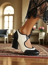 olcso 1950-es évek retró stílusa-női, 1930-as évek ihlette, kétszínű, fűzős oxford magassarkú – retró műbőr vastag cipők vintage őszi és téli szettekhez és teadélutánokhoz