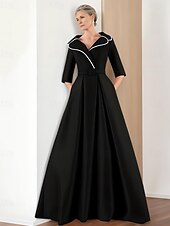 voordelige Vloerlengte-zwart-witte A-lijn moeder van de bruid jurk elegante formele jurk eenvoudig minimalistisch V-hals revers vloerlengte twill satijn 3/4 mouwen met riem 2025