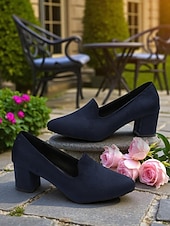 cheap Block Heels-Women&#039;s Blue Block Heel Shoes– Elegant Faux Suede Pumps for Semi-Formal Gatherings, Cottage Garden Parties and Church Sundays