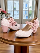 abordables Années 1950-Escarpins Mary Jane roses à pois pour femmes des années 1950 – de jolis escarpins rétro à talons carrés et brides à nœud pour les fêtes, les goûters et les tenues d&#039;inspiration vintage