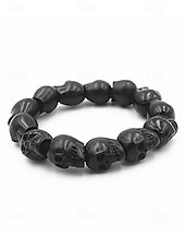 baratos Acessórios de Halloween-Pulseira masculina de contas de caveira de Halloween – pulseira punk gótica de resina elástica para festas, cosplay e fantasias