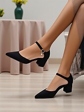 abordables Block Heels-Escarpins à talons compensés en daim rose pour femme, avec bride à la cheville – élégants escarpins à bout pointu et détails charmants pour mariages, fêtes et tenues de bureau