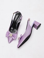 cheap Block Heels-Women&#039;s Lavender Slingback Heels with Pearl Bow - Satin Textured 1950s Vintage Style Low Block Pumps for Weddings, Garden Parties, and Spring Outfits
