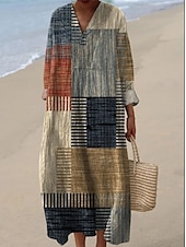 billiga Randiga och geometriska klänningar-Dam Maxiklänning Solklänning A linjeklänning Semester Ledigt Boho Utekväll Strand Lös passning Grafisk Geometrisk Långärmad V-hals Gul Ljusbrun Blå Orange Sommar Vår Höst