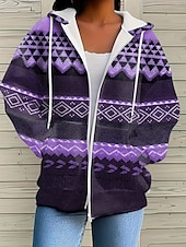economico Tops Boho-Giacca Felpa con Cappuccio da Donna con Maniche Lunghe e Zip con Tasche Leggera e Casual Micro-elastica Oversize Geometrica a Strisce Attiva Vintage Sportiva con Coulisse Rosso Blu Viola Marrone