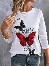 Женская футболка с круглым вырезом длинным рукавом туника графическая бабочка винтажная повседневная обычные топы ежедневный принт красный синий радужный весна осень Недорогие Животные пьют-Женская футболка с круглым вырезом длинным рукавом туника графическая бабочка винтажная повседневная обычные топы ежедневный принт красный синий радужный весна осень
