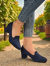 cheap Block Heels-Women&#039;s Blue Block Heel Shoes– Elegant Faux Suede Pumps for Semi-Formal Gatherings, Cottage Garden Parties and Church Sundays