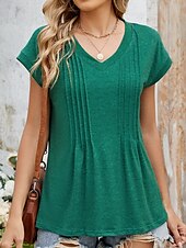 abordables T-shirt uni-Femmes Hauts d&#039;été Couleur Unie Élégant Occasionnel Manche Courte Col en V Hauts Réguliers Quotidien Froncé Vert cendré Noir Blanche Vin Été Printemps