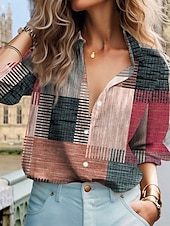 voordelige Dames Strepen &amp; Geometrische Tops-Dames Shirt Button Down Blouse Ruit Stijlvolle Casual Lange Mouwen Shirt Button Down Blouse Kraag Reguliere Tops Dagelijks Knopen Print Rood Blauw Groen Khaki Zomer Lente