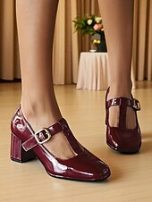 abordables Années 1950-Femmes Chaussures à Talons Rétro Mary Jane Soirée Travail Quotidien Boucle Talon épais Bout carré Élégant ancien PU Boucle Amande Noir Rouge Bordeaux