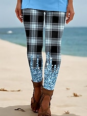billige -Dame Leggings Ferie Årgang Etnisk stil Full lengde Høy Midje Grafisk Ruter Rutet 3D-utskrift Pusteevne Myk Bekvem Høy Elastisitet utendørs Feriereise Hjem Rosa Rødstrupe-egg Blå Kakifarget Sommer Vår