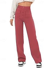 ieftine picior lat și talie înaltă-Pentru femei Picior Larg Pantaloni Drept Șic Stradă Casual Lungime totală Natural Simplu Buzunar Talie elastică Cataramă Comfortabil În aer liber Stradă Ieșire Măr Verde Gri Închis Roșu portocaliu