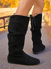 olcso Slouch Boots-női fekete művelúr térdig érő csizma állítható fűzővel – stílusos és kényelmes lábbeli mindennapi és hétköznapi viseletre