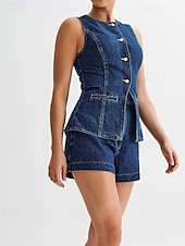 cheap Women&#039;s Blouse Suits-Women&#039;s Active Fashion Blouse Shorts Sets Sleeveless Crew Neck Solid Color Split Thigh Vacation Casual Daily Blue Summer Regular Fit