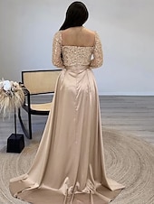 billige champagne-Paljett A-linje aftenkjole elegant kjole formell bryllupsgjest gulvlang langermet hals champagnefarget kjole til brudens mor sateng med glitterspalte 2025