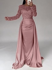 cheap CHAMPAGNE-Mermaid Sequin Evening Gown RuchedSatin Dress Long Sleeves Masquerade Floor Length Illusion Neck with Pearls Overskirt dress