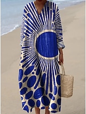 tanie Sukienki w paski i geometryczne-Damskie Sukienka maxi Sukienka letnia Sukienka A line Urlop Codzienny Boho Wyjściowe Plaża Graficzny Geometryczny Naszywka Długi rękaw W serek jesion Czarny Żółty Rumiany róż Lato Wiosna