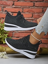 abordables Baskets femme-Baskets compensées Flyknit roses pour femmes avec détails en strass – Chaussures de sport légères et respirantes pour une tenue décontractée et la marche