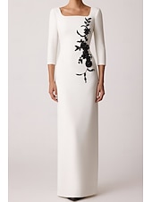 preiswerte SCHWARZ-schwarz-weißes Etuikleid/Säulen-Abendkleid, elegantes Kleid, formelle Hochzeit, bodenlang, 3/4-Ärmel, quadratischer Ausschnitt, Stretch-Krepp mit floraler Perlenspitze, 2025