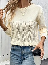 preiswerte Damen Einfache Oberteile-Damen Pullover Täglich Stilvoll Lässig Einfarbig Gerippt Rundhalsausschnitt Gestrickt Langarm Normale Oberteile Stricken Täglich Ferien Ausgehen Aprikose Frühling Herbst