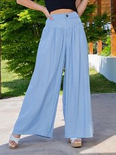 abordables jambe large et taille haute-Femmes Jambe large Slacks Occasionnel Longueur complète Naturel Uni Poches Latérales Confortable Respirabilité Décontracté Quotidien Bleu Bleu clair Printemps Automne Coupe Ample