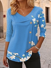 abordables T-shirt floral-Femmes Chemisier Fleuri Graphique ancien Tropical Élégant manche longue Col en V Hauts Réguliers Quotidien Patchwork Boutons Imprimé Rose Claire Bleu Violet Vert Printemps Automne Hiver